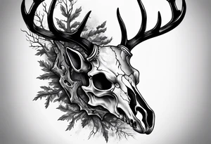 A SCARY side view of a decayed deer skull NO SKIN JUST BONE surrounded by a forest fire in background tattoo idea