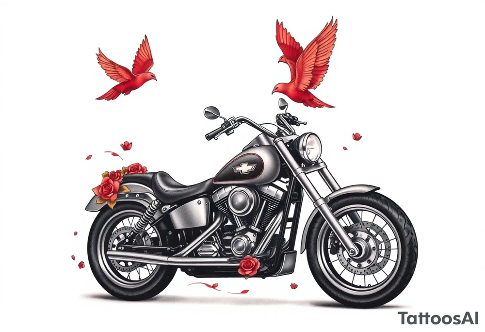 Harley grey motorcycle driving away, two red birds flying, roses, flames, angel wings tattoo idea