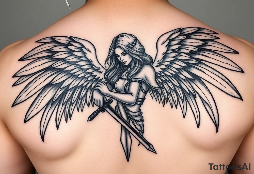 Female Angel warrior with dark shading tattoo idea