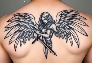 Female Angel warrior with dark shading tattoo idea