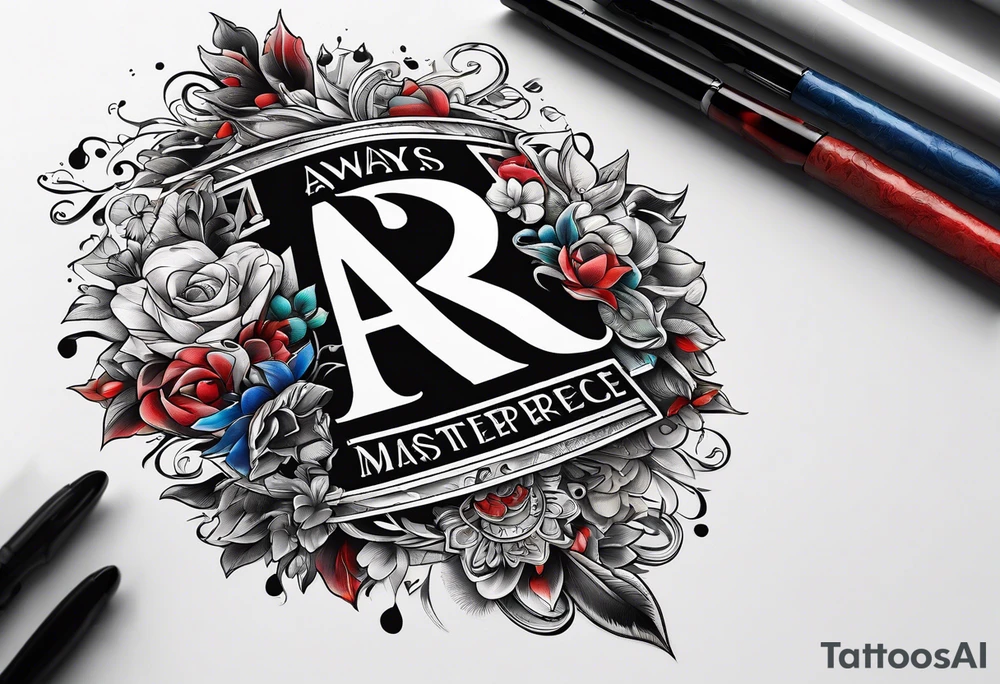 The letters AR together with the words always ready going down the side of the letters tattoo idea