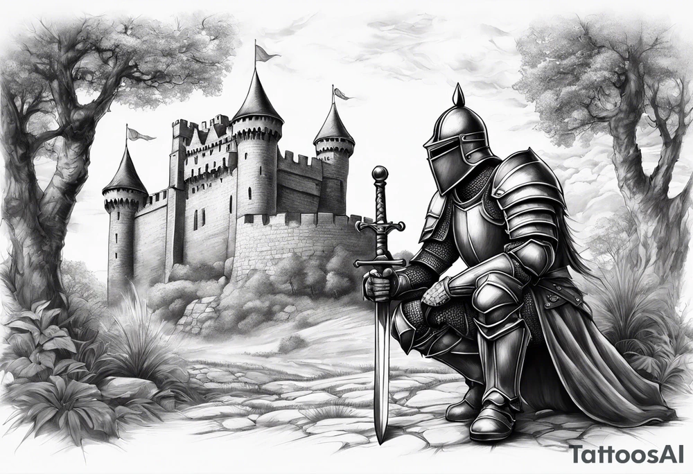 Wounded knight on his two knees in front of castle tattoo idea