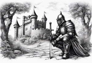 Wounded knight on his two knees in front of castle tattoo idea