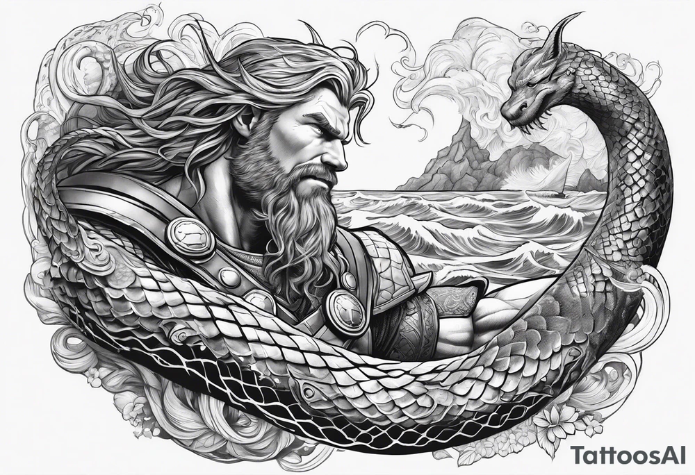 Thor getting eaten by the world serpent in the ocean tattoo idea