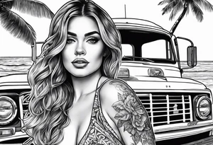 Beach theme, classic truck,  bikini girl tattoo idea