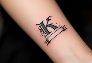 Old English K in matte black, resting on a scroll banner with gray shading, reminiscent of medieval heraldry. tattoo idea