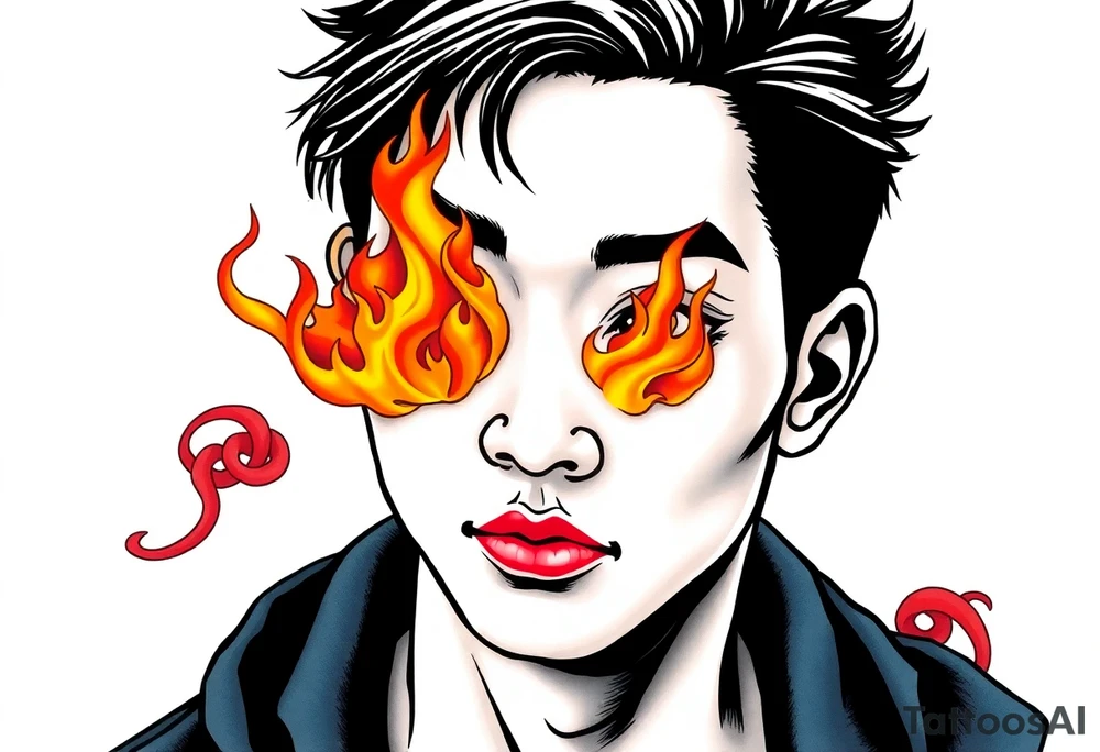 Handsome Asian young guy with flame instead of eyes tattoo idea