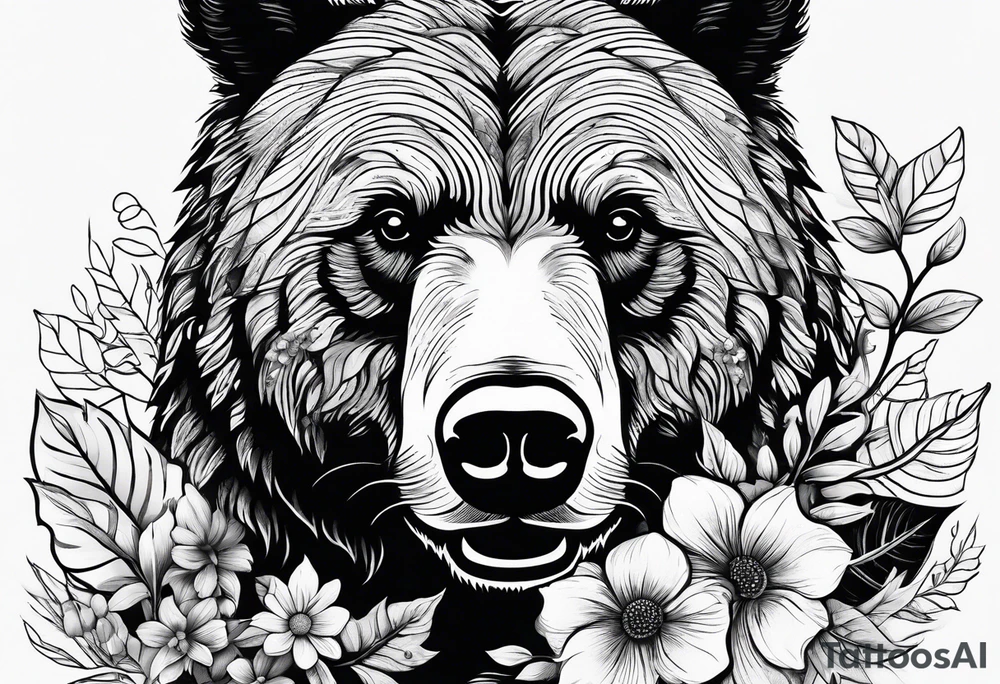 Bear surrounded by trees leaves and flowers tattoo idea
