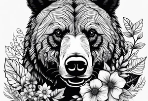 Bear surrounded by trees leaves and flowers tattoo idea
