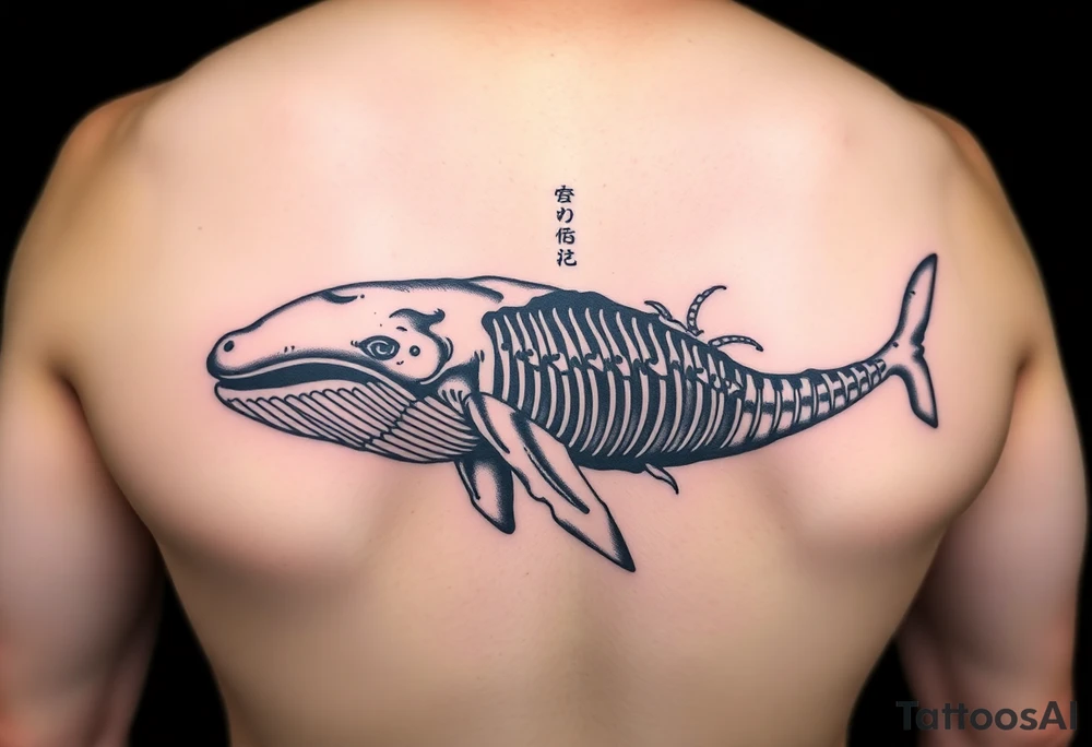 idea is basically a whale that's damaged and torn exposing the skeletal innerts, but it's still fiercely moving forward as hard as it can. on the outline of the whale to have the text : "ただただ生きるのは嫌だ。世界は残酷だ それでも君を愛すよ。" tattoo idea