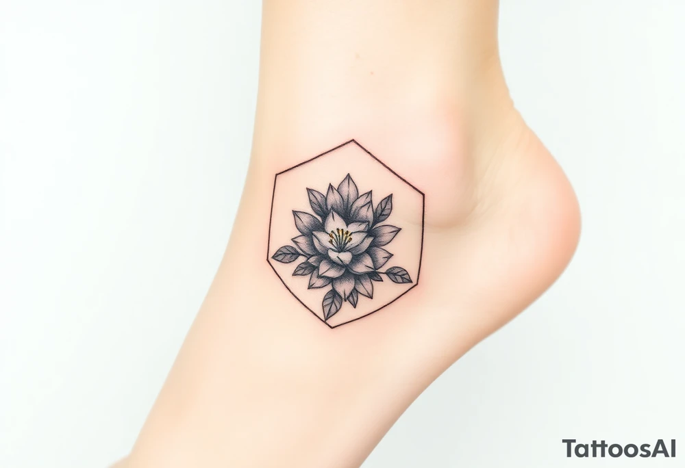 Faint Hexagon with Leo, larkspur and water lilies in the center tattoo idea