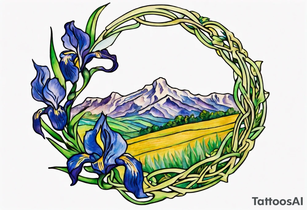Create a small colorful Vincent van Gogh Irises tattoo in the form of a crescent, with vines or Celtic knots gracefully intertwining at a central point in the middle of the wreath.  In the middle of the wreath are mountains and other items found in New Mexico. Ensure that the design avoids the appearance of a bush and maintains a more structured and deliberate arrangement. The intended placement is on the upper chest. The overall design should be small in size while maintaining a delicate and artistic aesthetic. Pay attention to the graceful flow of the vines and the placement of the irises to achieve a refined and elegant look. tattoo idea
