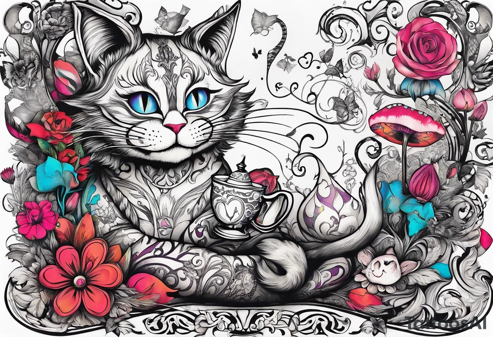 Alice in wonderland themed that includes Cheshire Cat tattoo idea