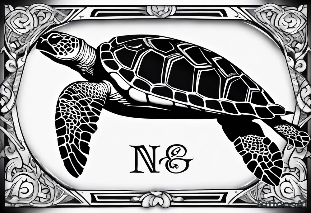 Polynesian Sea Turtle with the initials N, J, S, G incorporated. tattoo idea