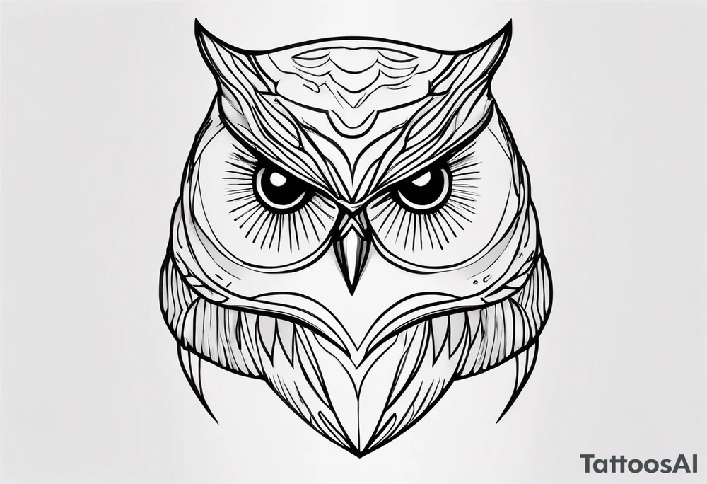 one black line drawing of owl head, in the style of simplified and stylized illustrations, simple line drawing, high resolution vector tattoo idea