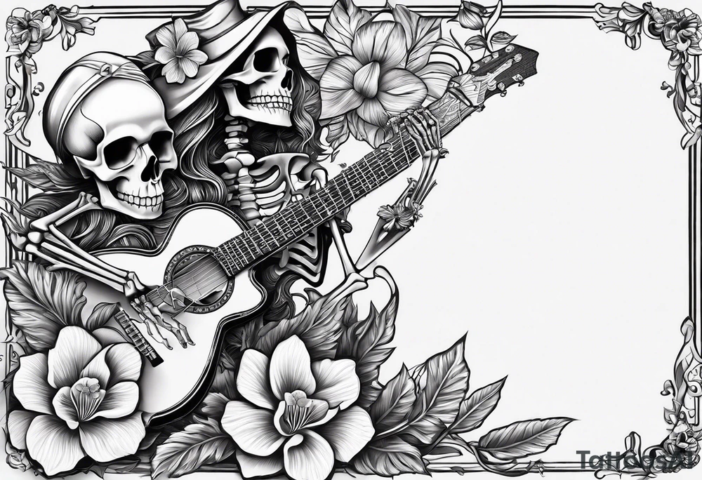 a male and a female skeleton. The male skeleton is playing the guitar. The female skeleton has a hibiscus flower. tattoo idea
