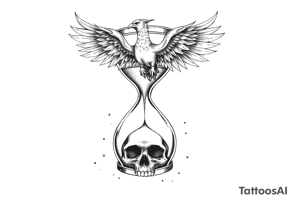 A cracked hourglass with the sands forming a skull below and a phoenix rising from the top. tattoo idea