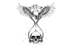 A cracked hourglass with the sands forming a skull below and a phoenix rising from the top. tattoo idea