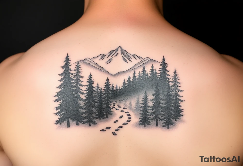 Winding path fading into misty forest, re-emerging toward distant mountains. Dark trees, bright peaks. Black and white, minimalist tattoo idea