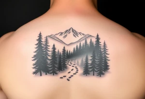 Winding path fading into misty forest, re-emerging toward distant mountains. Dark trees, bright peaks. Black and white, minimalist tattoo idea