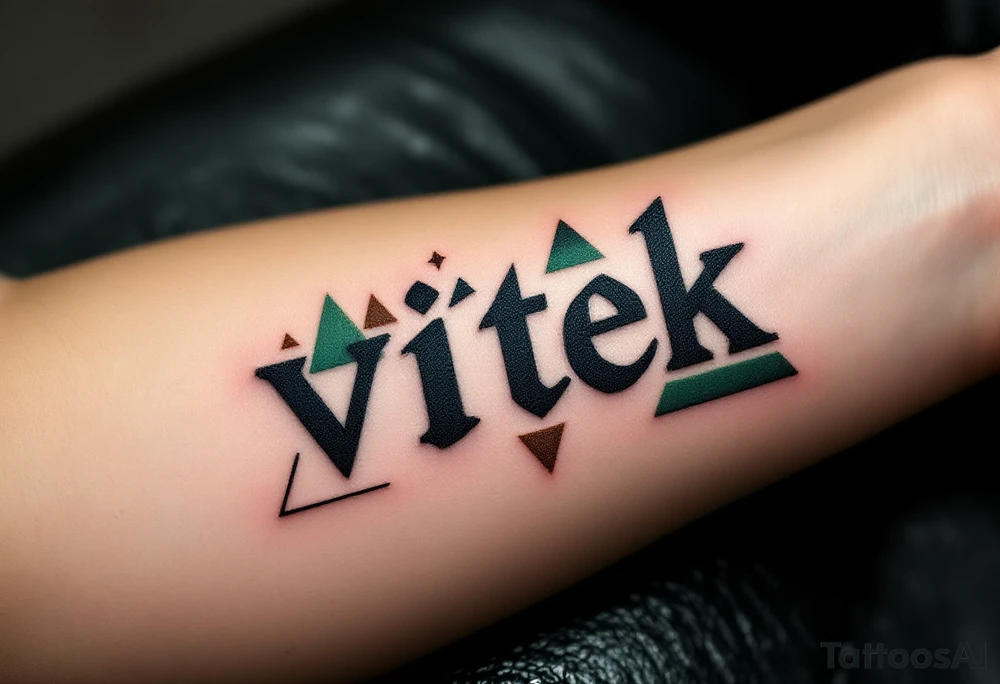 Vítek written in strong, clean letters, surrounded by geometric triangles in shades of forest green and earthy brown. tattoo idea