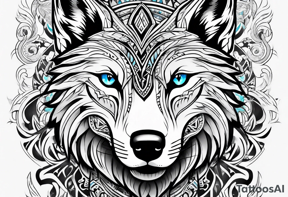 Wolf with light blue eyes between tribal figures tattoo idea