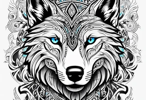 Wolf with light blue eyes between tribal figures tattoo idea