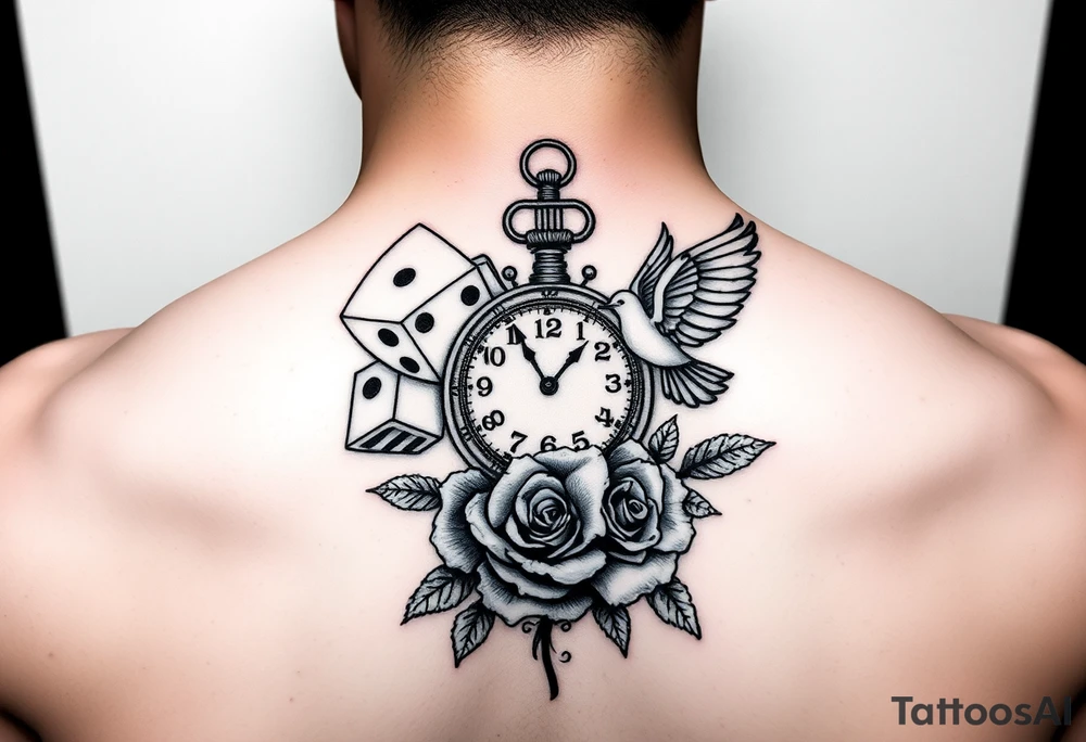 Dice cards money girls clock compass dove rose tattoo idea