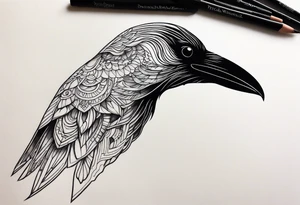 Raven in flight, upsidedown, knowing, light behind its eyes, ethereal tattoo idea