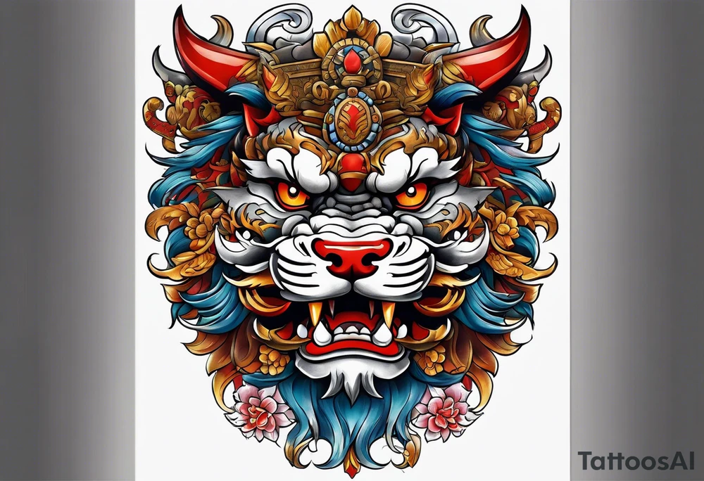 Two Traditional full body, Okinawa shisa on either side of chest. tattoo idea