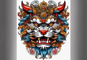 Two Traditional full body, Okinawa shisa on either side of chest. tattoo idea