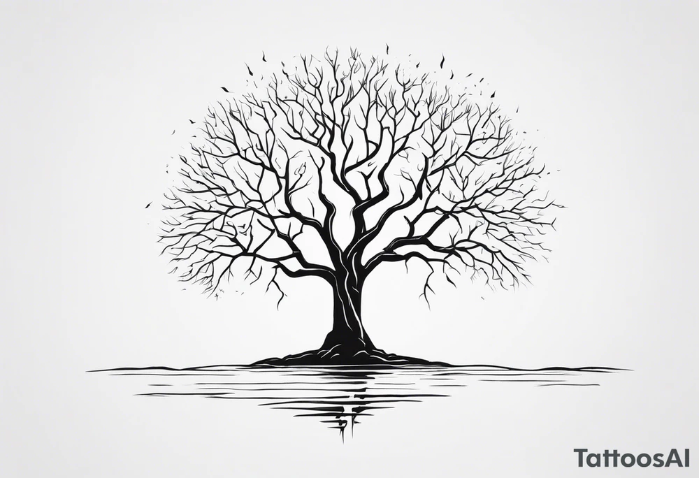 a barron tree struck by lightning, the branches resemble a brain. the ground below the tree is cracked symbolizing the broken connection between creator and creation. victor and frankenstein stand below. tattoo idea