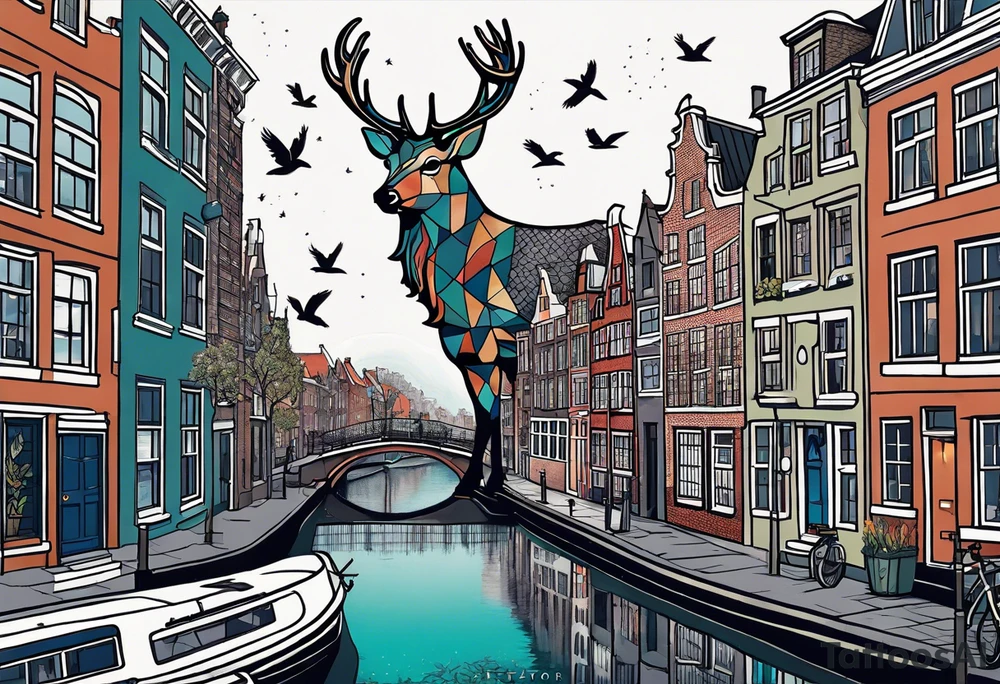 arm tattoo of stag deer and birds in Amsterdam canal featuring Amsterdam houses in space with pineapple at the bottom tattoo idea