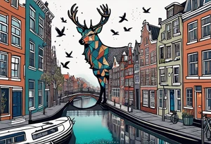 arm tattoo of stag deer and birds in Amsterdam canal featuring Amsterdam houses in space with pineapple at the bottom tattoo idea