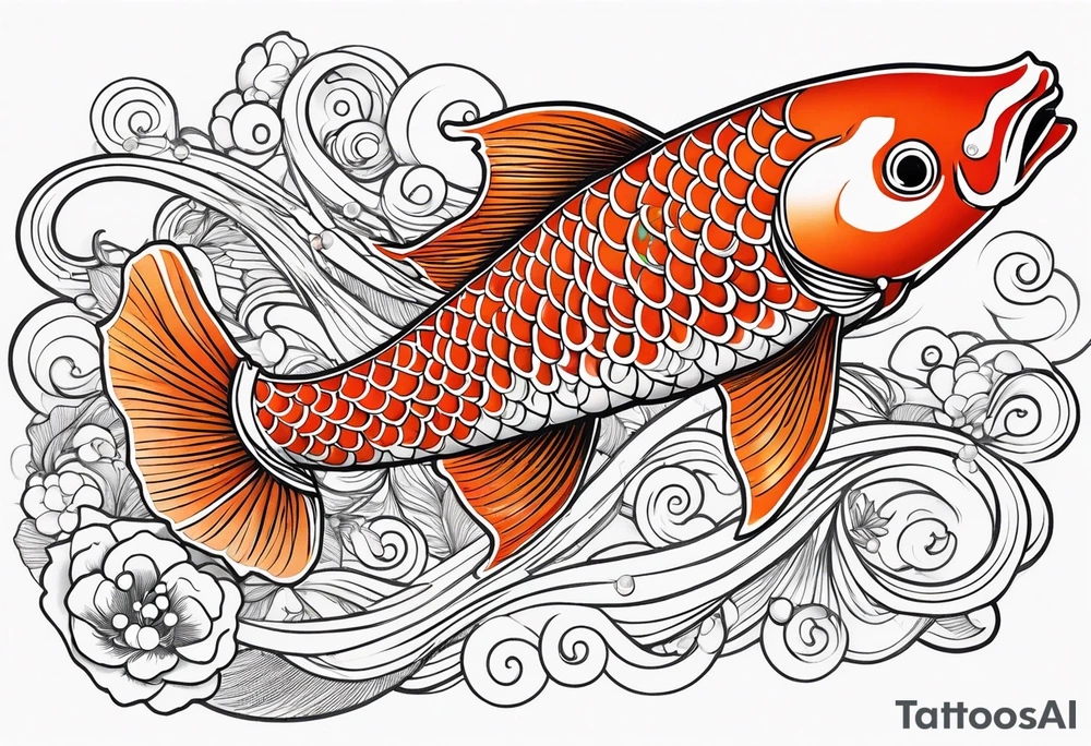 koi fish with a little narrow body, elongated fins, trimmed with pearls, ginko leaves around tattoo idea