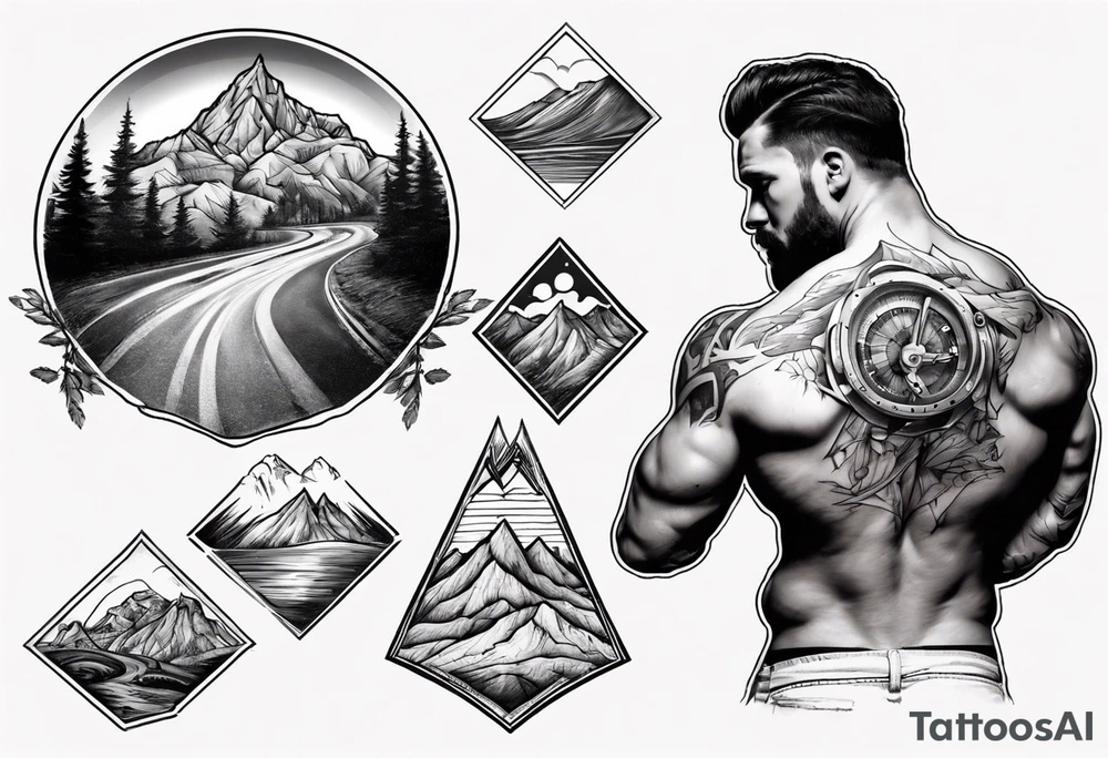 flexed bicep with road cycle and a mountain tattoo idea
