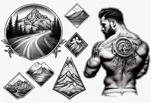 flexed bicep with road cycle and a mountain tattoo idea