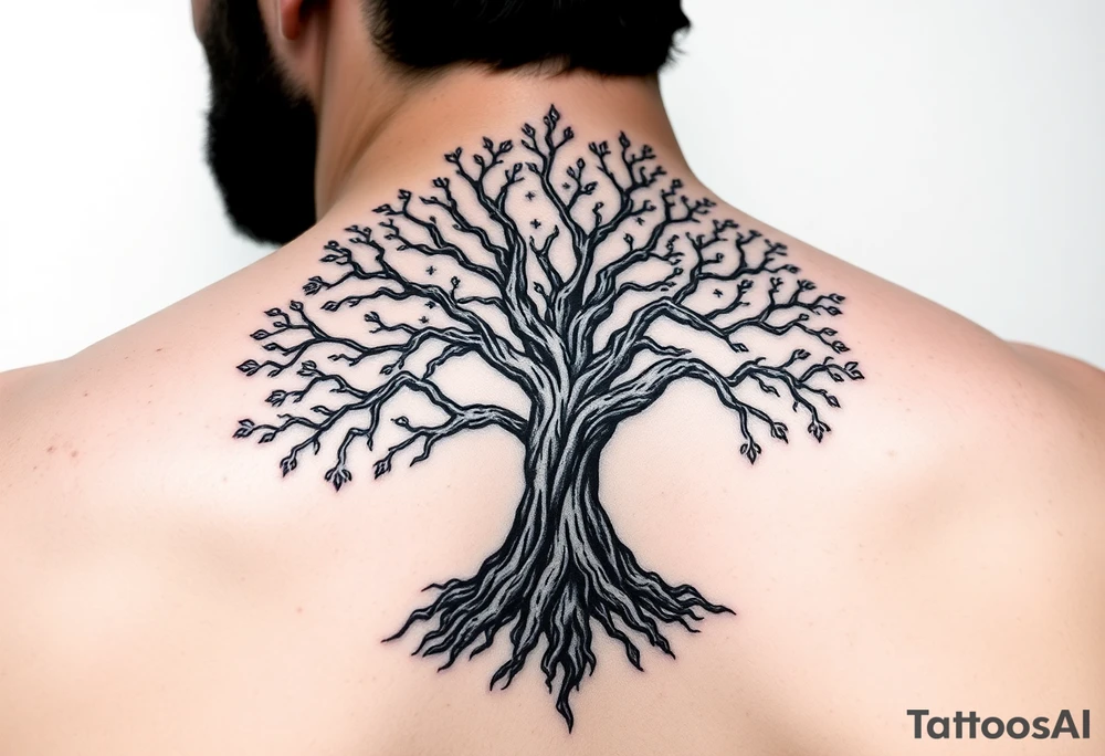 mystical tree of life with cosmic roots and celestial branches tattoo idea