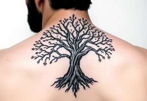 mystical tree of life with cosmic roots and celestial branches tattoo idea