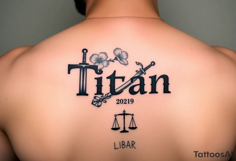 Name ‘Titan’ with birthday, Greek mythology inspired font with mini swords the T in Titan is a sword with cherry blossoms flowers in the background of the tattoo with a libra sign tattoo idea