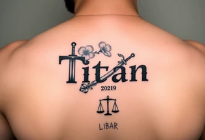 Name ‘Titan’ with birthday, Greek mythology inspired font with mini swords the T in Titan is a sword with cherry blossoms flowers in the background of the tattoo with a libra sign tattoo idea