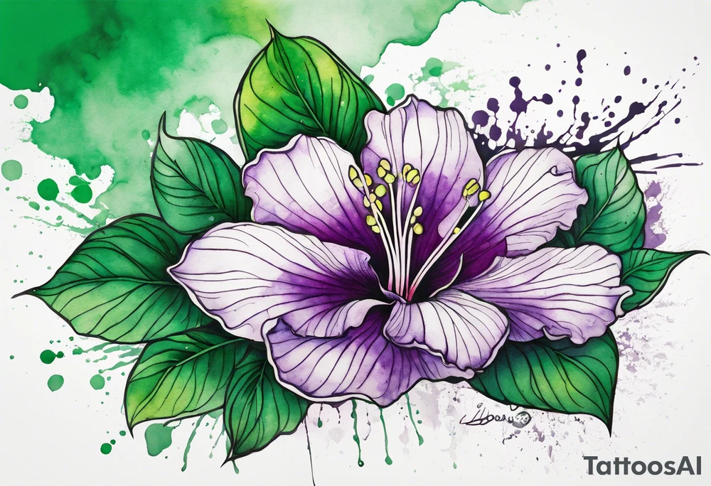 An outline of an only green rio dipladenia flower and a green and purple watercolor splash in the background tattoo idea