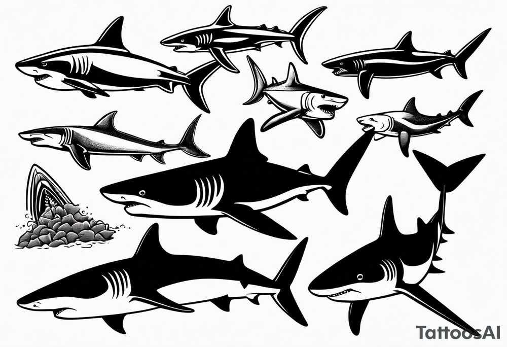 Variety of sharks style flash sheet tattoo idea