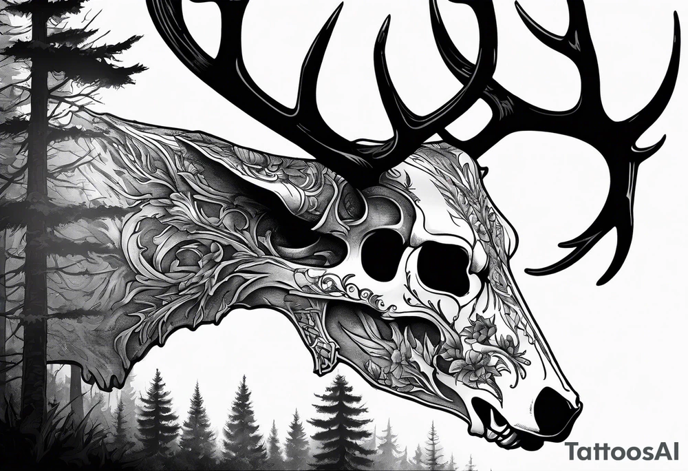 A SCARY side view of a decayed deer skull NO SKIN JUST BONE surrounded by a forest fire in background tattoo idea
