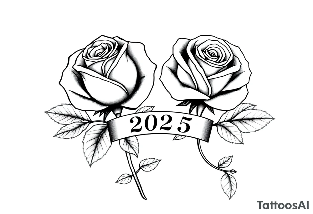 two beautiful large rose buds, one larger than the other, with many leaves next to the rose buds, with one sitting higher than the other. Include a banner connecting the two roses with the year "2025" on it.   Use dark outlines with little shading. The two stems should be short, not long, and connect and join into one stem, whimsically curved or twisted - not straight down. tattoo idea
