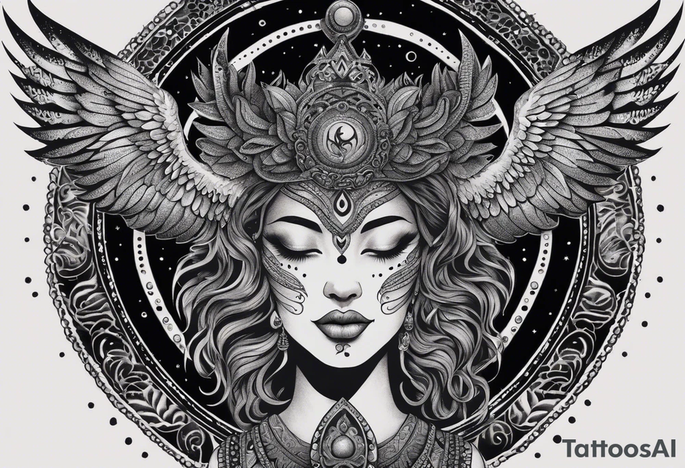 black kali, goddess pirate, alien, angel, pachamama, valkrye, warrior, flying, skull, lotus azul, wing, eagle, zenza resonance, stars, 5D, anahata chakra, death, durga, riding on a tiger, flying lady, kundalini, chest tatoo, samuri, rebel,s erpent tattoo idea