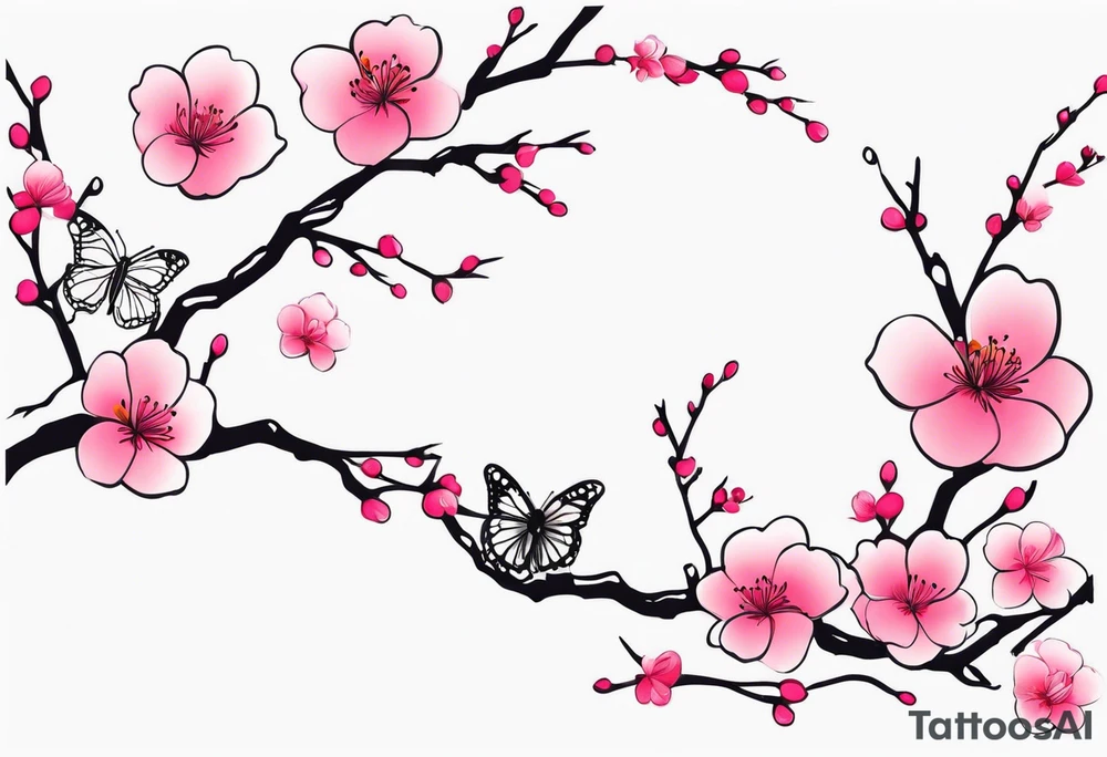 Vibrant, pink plum blossom branches with butterflies tattoo idea