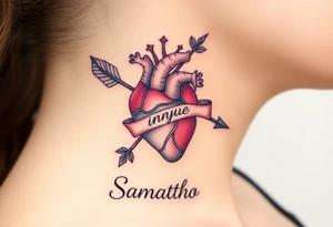 anatomical heart pierced by ornate arrow with flowing ribbons with the name Samantha Jo tattoo idea
