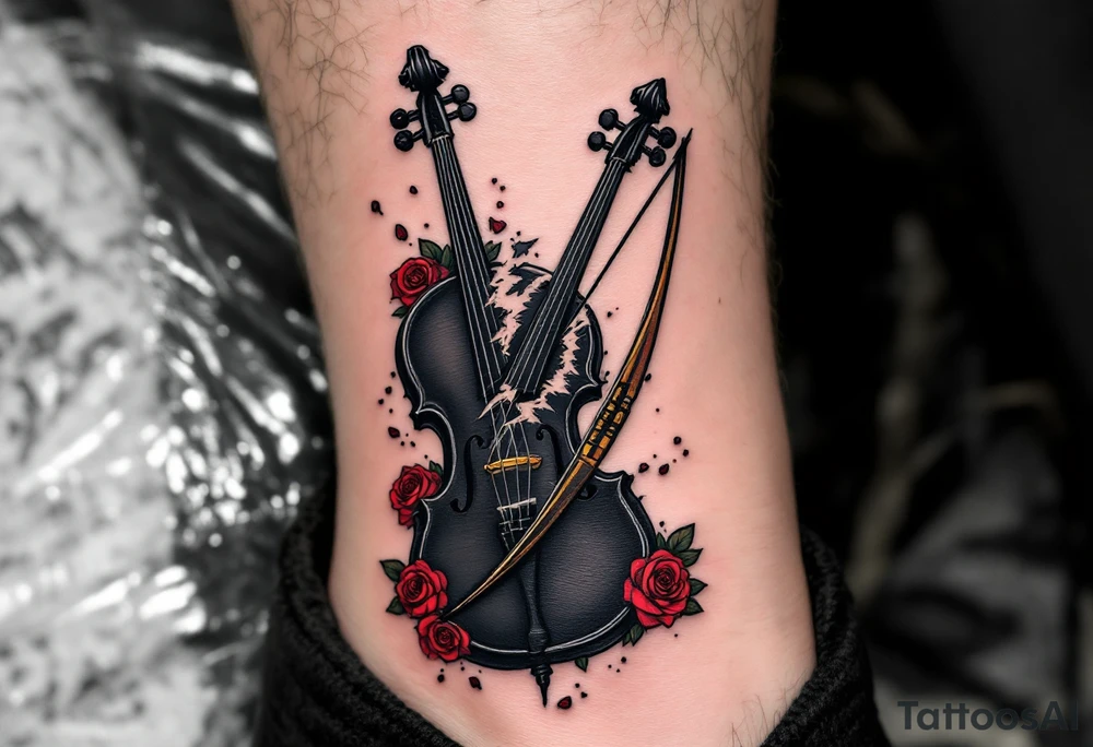 Cello and Broken Bow – A dramatic design of a black cello with a cracked or broken bow resting beside it, overlaid with red roses — representing lost love or a powerful musical journey. tattoo idea