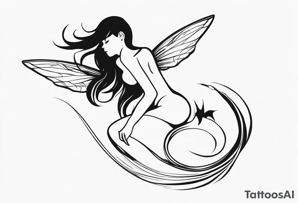 Minimalistic, monochromatic fairy with a tail flying to the left in a fetal position, leaning and looking in the same direction, with visible hands, embodying the 'Fairy Tail' logo aesthetic. tattoo idea
